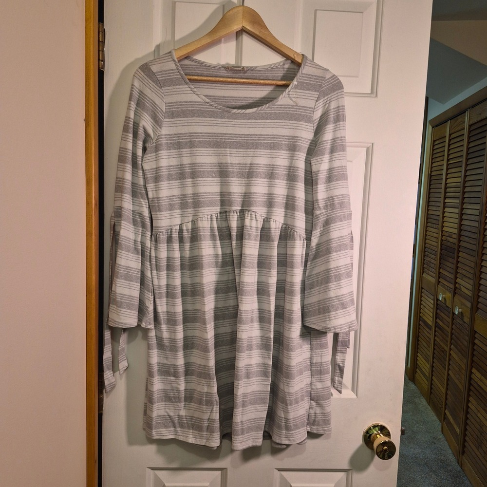 Altard State Womens Gray White Striped Bell Sleeve Babydoll Tunic Top Large